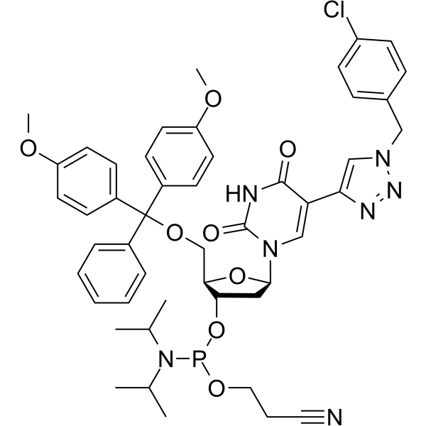 1-p-Chlorobenzyl-1,2,3-triazole-5′-O-DMT-dU Phosphoramidite Chemical Structure