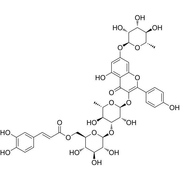 Kaempferol-3-O-[(6-caffeoyl)-β-glucopyranosyl (1→3) α-rhamnopyranoside]-7-O-α-rhamnopyranoside Chemical Structure