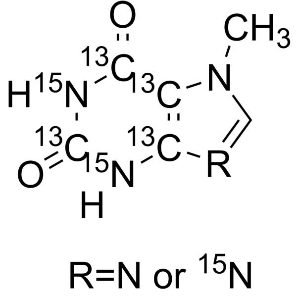 7-Methylxanthine-2,4,5,6-13C4, 1,3-<em>15</em><em>N</em>2 (with variable <em>15</em><em>N</em> labeling at <em>N</em>9)