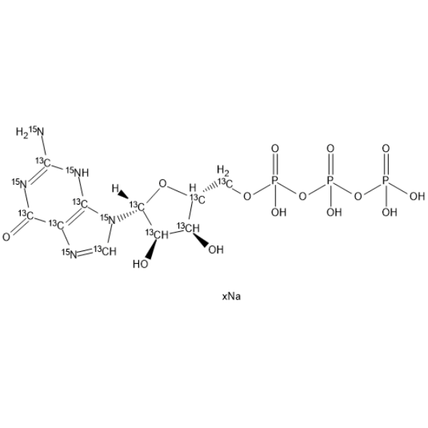 (((2R,3S,4R,5R)-5-(2-Amino-6-oxo-1H-purin-9(6H)-yl)-3,4-dihydroxytetrahydrofuran-2-yl)methyl)triphosphoric acid-13C10,15N5 sodium Chemical Structure