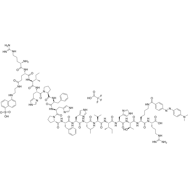 Arg-Glu(edans)-Ile-His-Pro-Phe-His-Pro-Phe-His-Leu-Val-Ile-His-Thr-Lys(dabcyl)-Arg TFA Chemical Structure